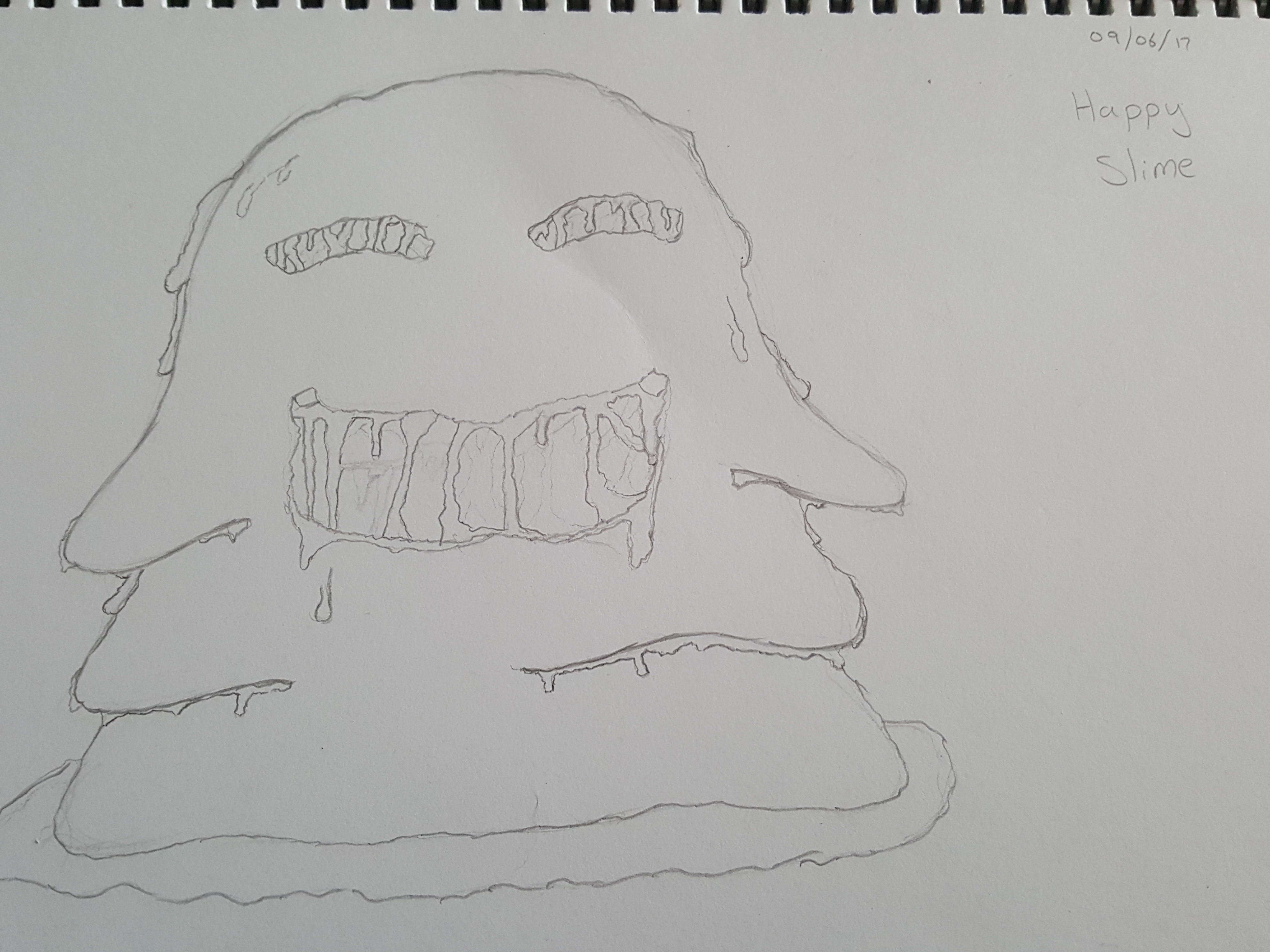 Pencil drawing of a smiling slime creature